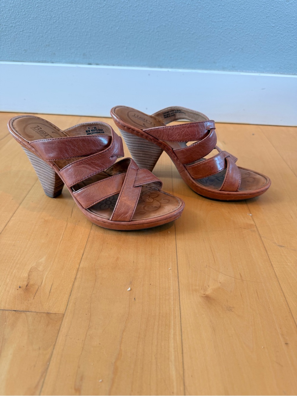 Born Cognac Leather Crisscross Heeled Mules